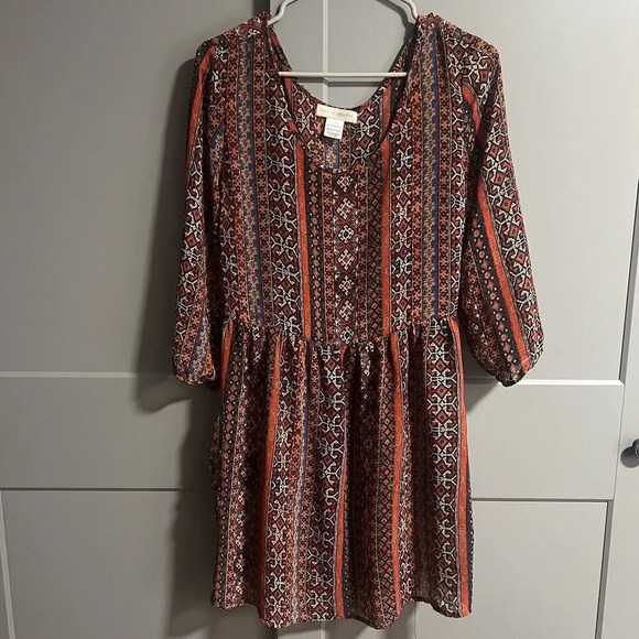 Band of Gypsies Womens Semi Sheer Geometric Print Dress Orange Boho Size Large - Picture 1 of 6